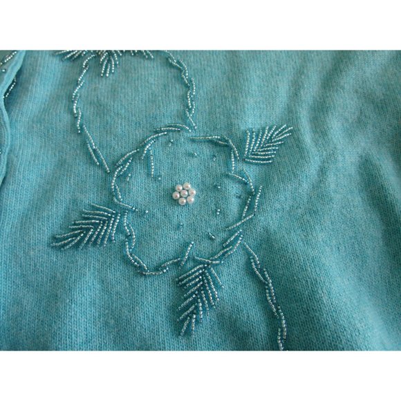Lucky Brand Light Blue Beaded Cardigan Faux Pearl Button Wool Blend Ladies L EUC - Picture 11 of 16